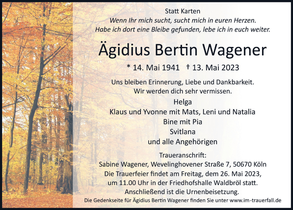  Traueranzeige für Ägidius Bertin Wagener vom 19.05.2023 aus  Lokalanzeiger 