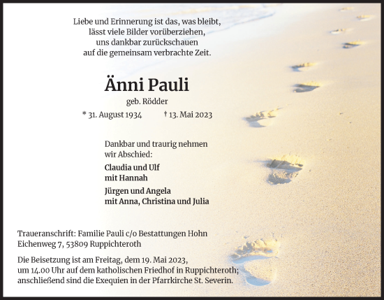 Anzeige von Änni Pauli von Kölner Stadt-Anzeiger / Kölnische Rundschau / Express