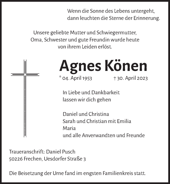 Anzeige von Agnes Könen von  Wochenende 