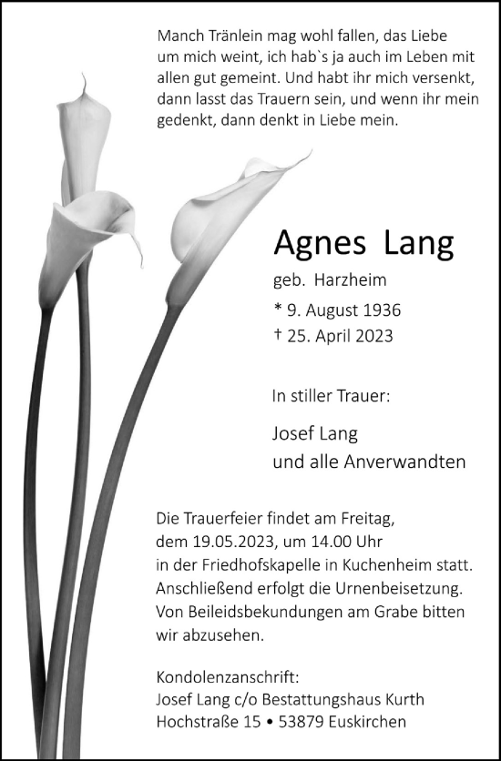 Anzeige von Agnes Lang von  Blickpunkt Euskirchen 
