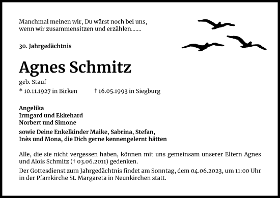 Anzeige von Agnes Schmitz von Kölner Stadt-Anzeiger / Kölnische Rundschau / Express