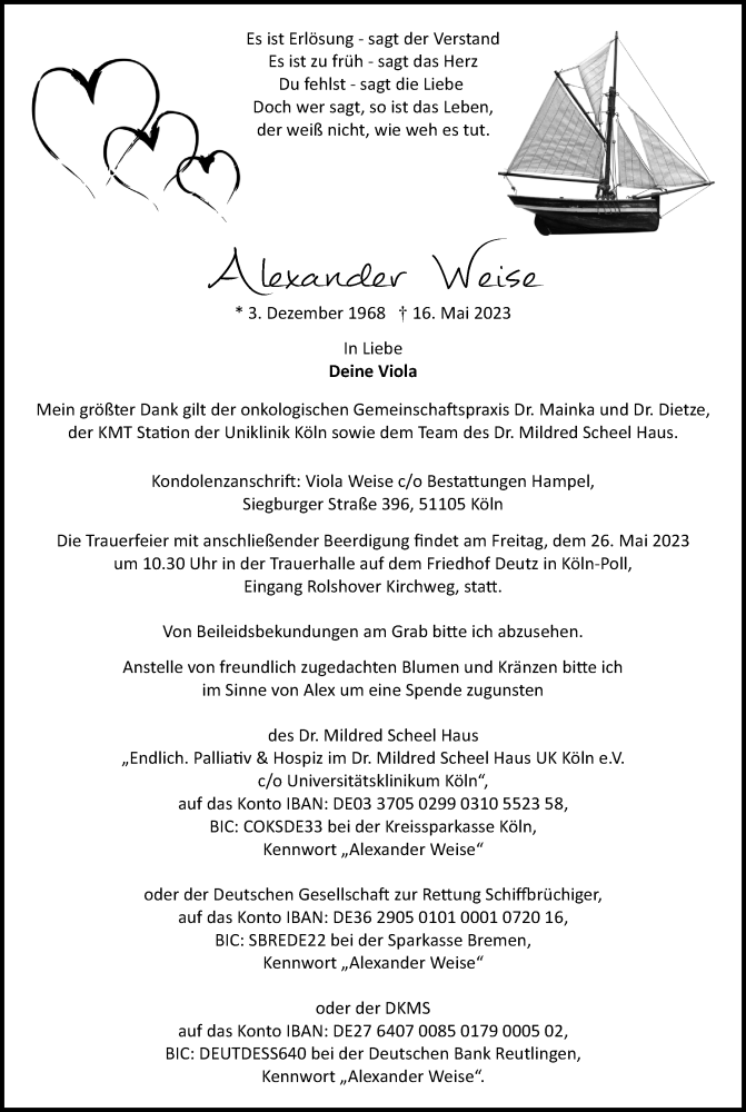  Traueranzeige für Alexander Weise vom 18.07.2023 aus Kölner Stadt-Anzeiger / Kölnische Rundschau / Express