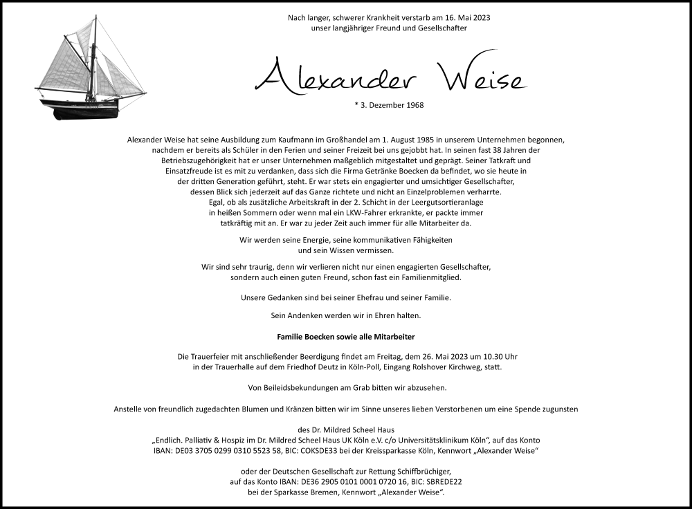  Traueranzeige für Alexander Weise vom 18.07.2023 aus Kölner Stadt-Anzeiger / Kölnische Rundschau / Express