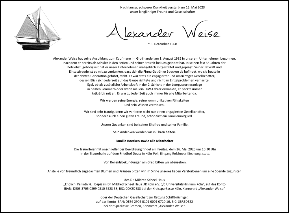  Traueranzeige für Alexander Weise vom 23.05.2023 aus Kölner Stadt-Anzeiger / Kölnische Rundschau / Express