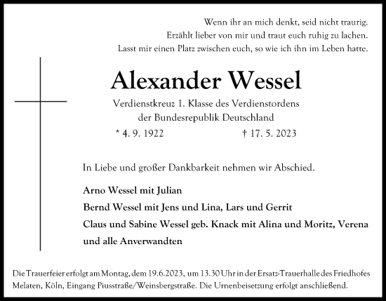 Anzeige von Alexander Wessel von Kölner Stadt-Anzeiger / Kölnische Rundschau / Express
