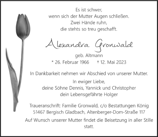 Anzeige von Alexandra Gronwald von  Bergisches Handelsblatt 