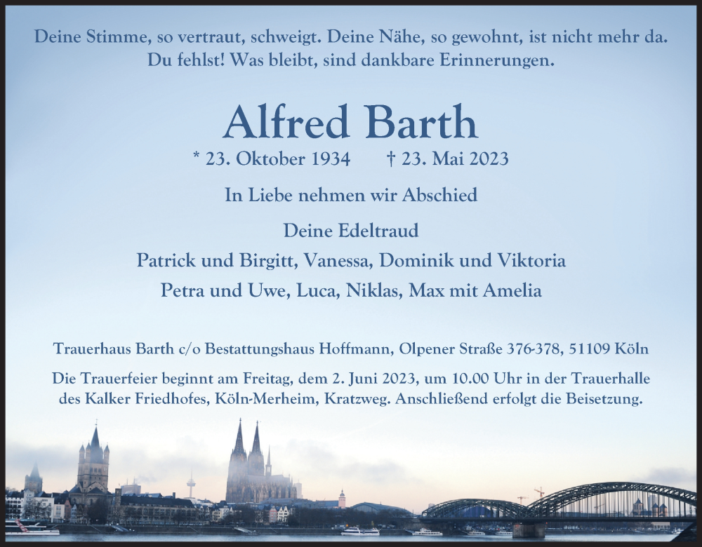  Traueranzeige für Alfred Barth vom 27.05.2023 aus Kölner Stadt-Anzeiger / Kölnische Rundschau / Express