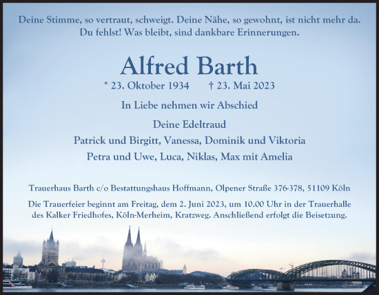 Anzeige von Alfred Barth von Kölner Stadt-Anzeiger / Kölnische Rundschau / Express