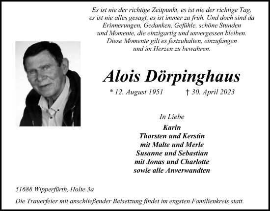 Anzeige von Alois Dörpinghaus von Kölner Stadt-Anzeiger / Kölnische Rundschau / Express