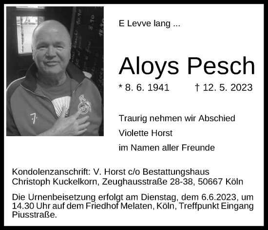 Anzeige von Aloys Pesch von Kölner Stadt-Anzeiger / Kölnische Rundschau / Express