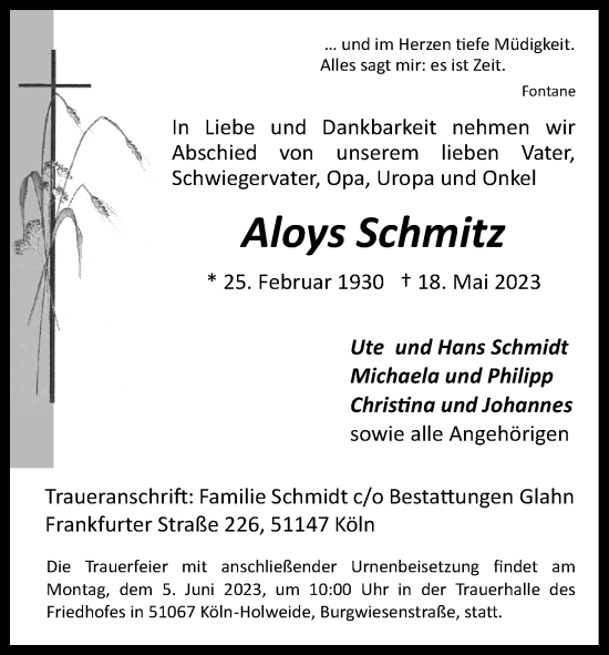 Anzeige von Aloys Schmitz von Kölner Stadt-Anzeiger / Kölnische Rundschau / Express