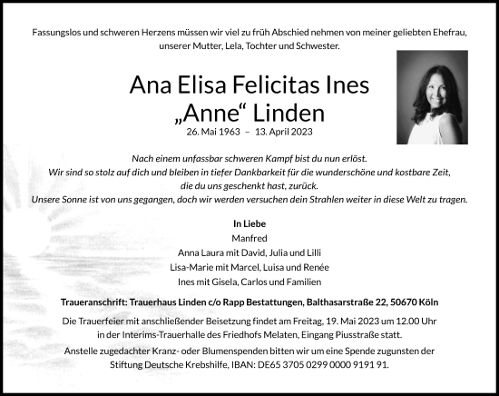 Anzeige von Ana Elisa Felicitas Ines Linden von Kölner Stadt-Anzeiger / Kölnische Rundschau / Express