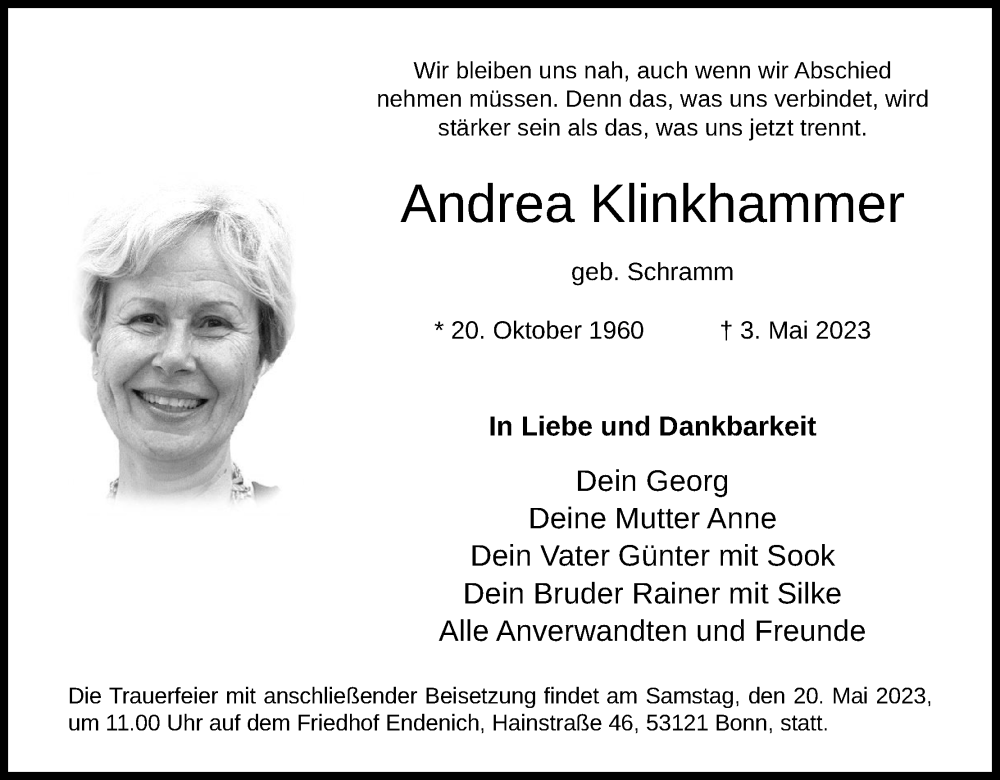  Traueranzeige für Andrea Klinkhammer vom 13.05.2023 aus Kölner Stadt-Anzeiger / Kölnische Rundschau / Express