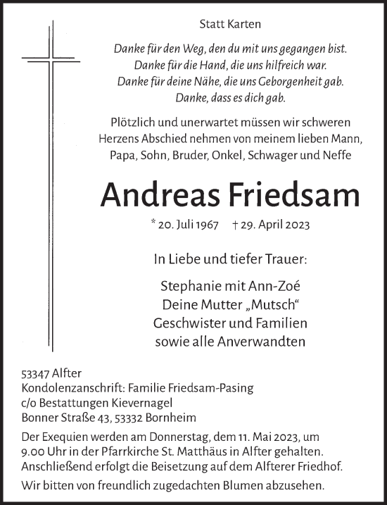 Anzeige von Andreas Friedsam von  Schaufenster/Blickpunkt  Extra Blatt 