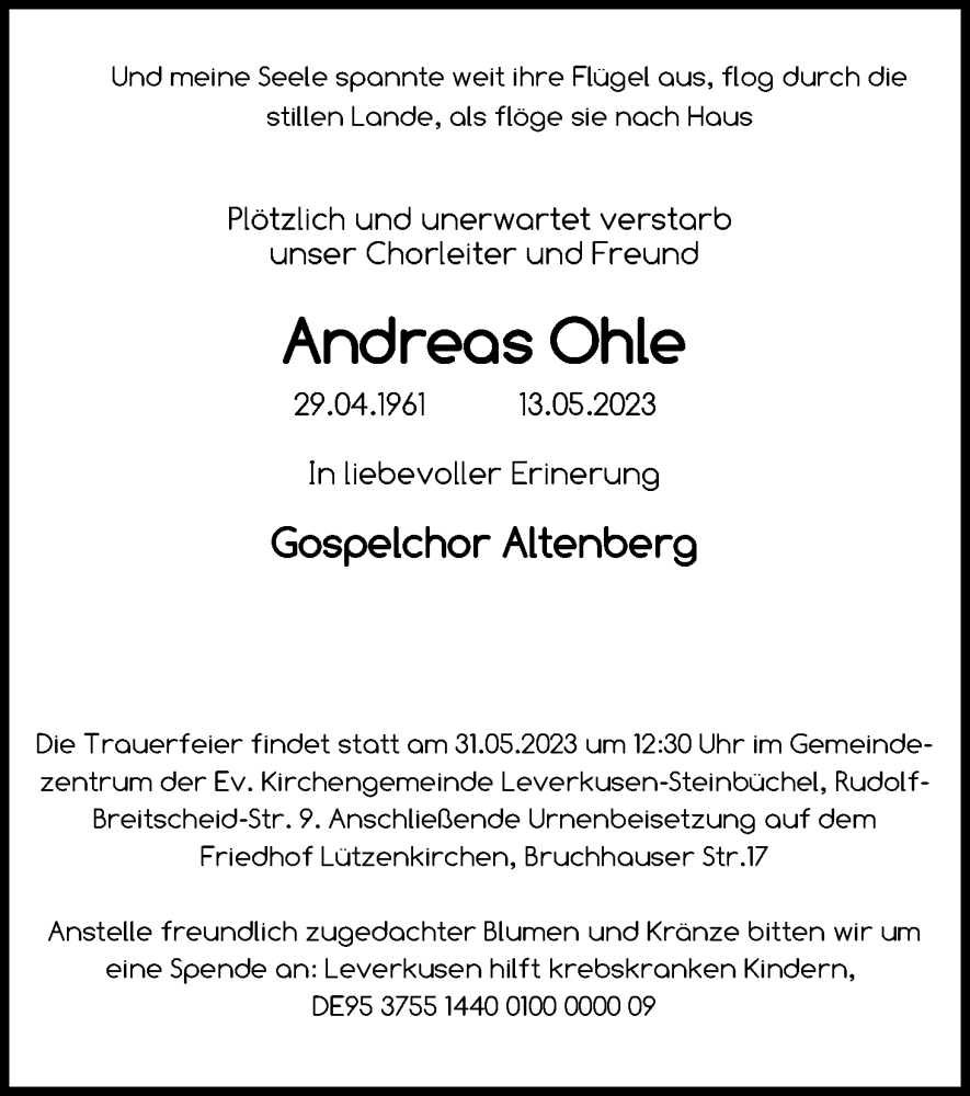  Traueranzeige für Andreas Ohle vom 27.05.2023 aus Kölner Stadt-Anzeiger / Kölnische Rundschau / Express