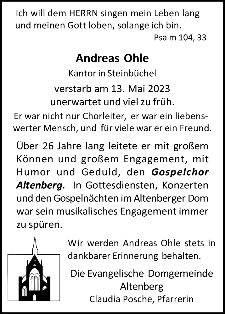  Traueranzeige für Andreas Ohle vom 27.05.2023 aus Kölner Stadt-Anzeiger / Kölnische Rundschau / Express