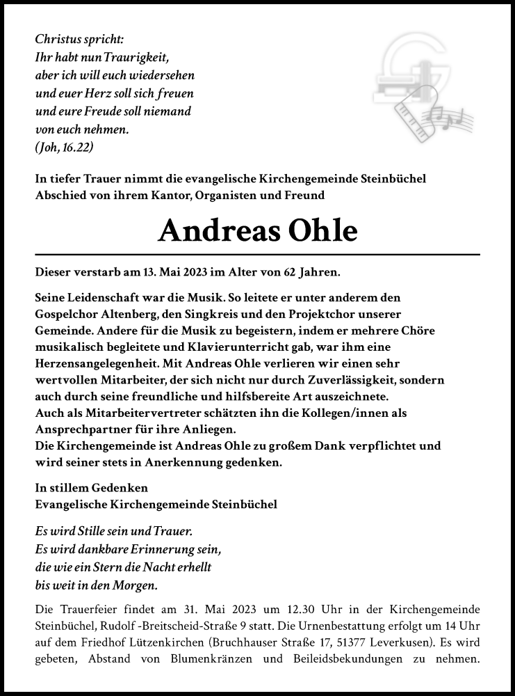  Traueranzeige für Andreas Ohle vom 27.05.2023 aus Kölner Stadt-Anzeiger / Kölnische Rundschau / Express