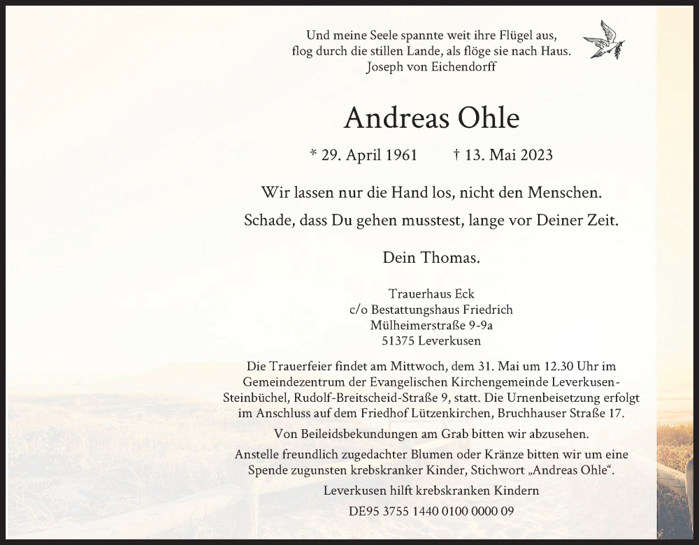  Traueranzeige für Andreas Ohle vom 27.05.2023 aus Kölner Stadt-Anzeiger / Kölnische Rundschau / Express