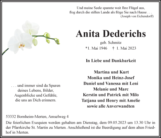 Anzeige von Anita Dederichs von  Schlossbote/Werbekurier 