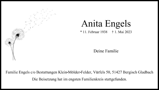 Anzeige von Anita Engels von Kölner Stadt-Anzeiger / Kölnische Rundschau / Express