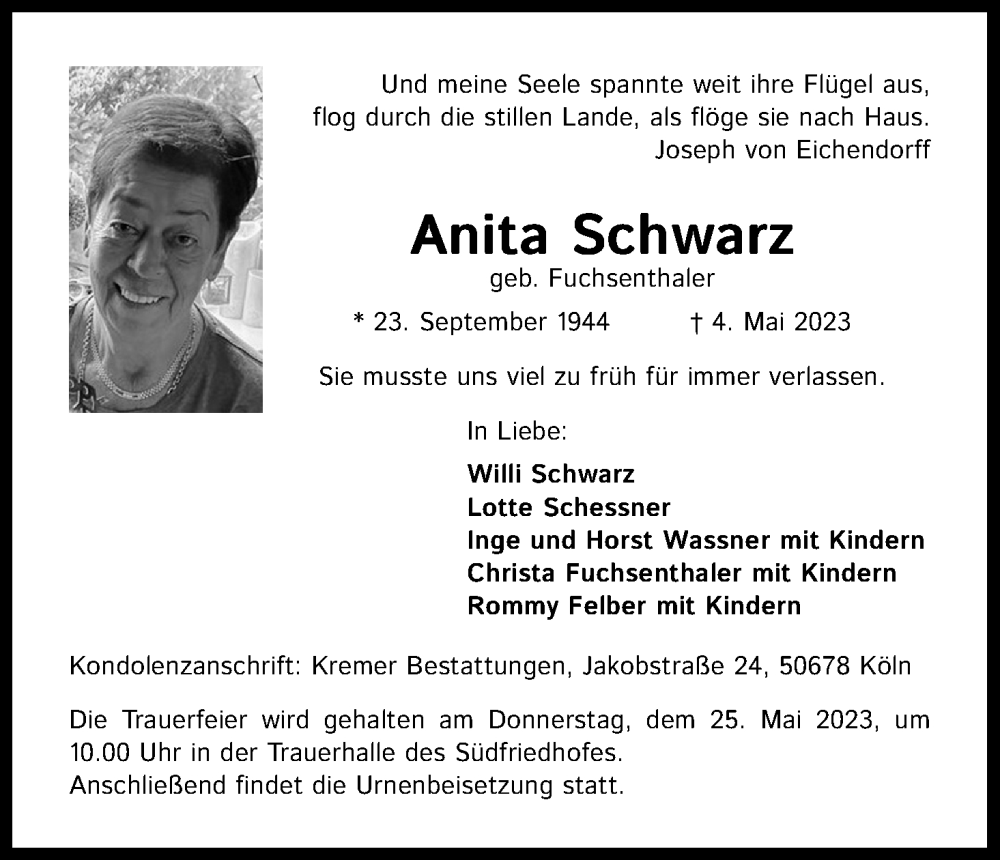  Traueranzeige für Anita Schwarz vom 20.05.2023 aus Kölner Stadt-Anzeiger / Kölnische Rundschau / Express