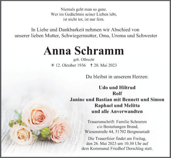 Anzeige von Anna Schramm von Kölner Stadt-Anzeiger / Kölnische Rundschau / Express