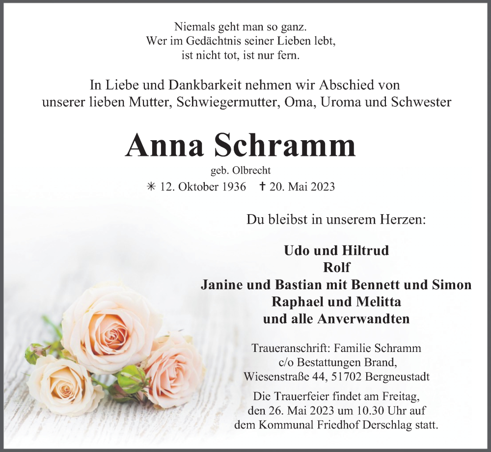  Traueranzeige für Anna Schramm vom 23.05.2023 aus Kölner Stadt-Anzeiger / Kölnische Rundschau / Express