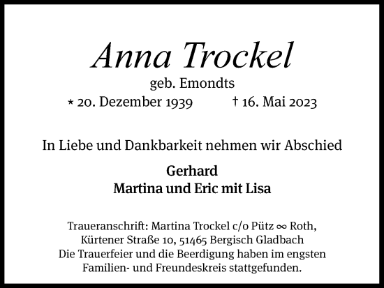 Anzeige von Anna Trockel von Kölner Stadt-Anzeiger / Kölnische Rundschau / Express