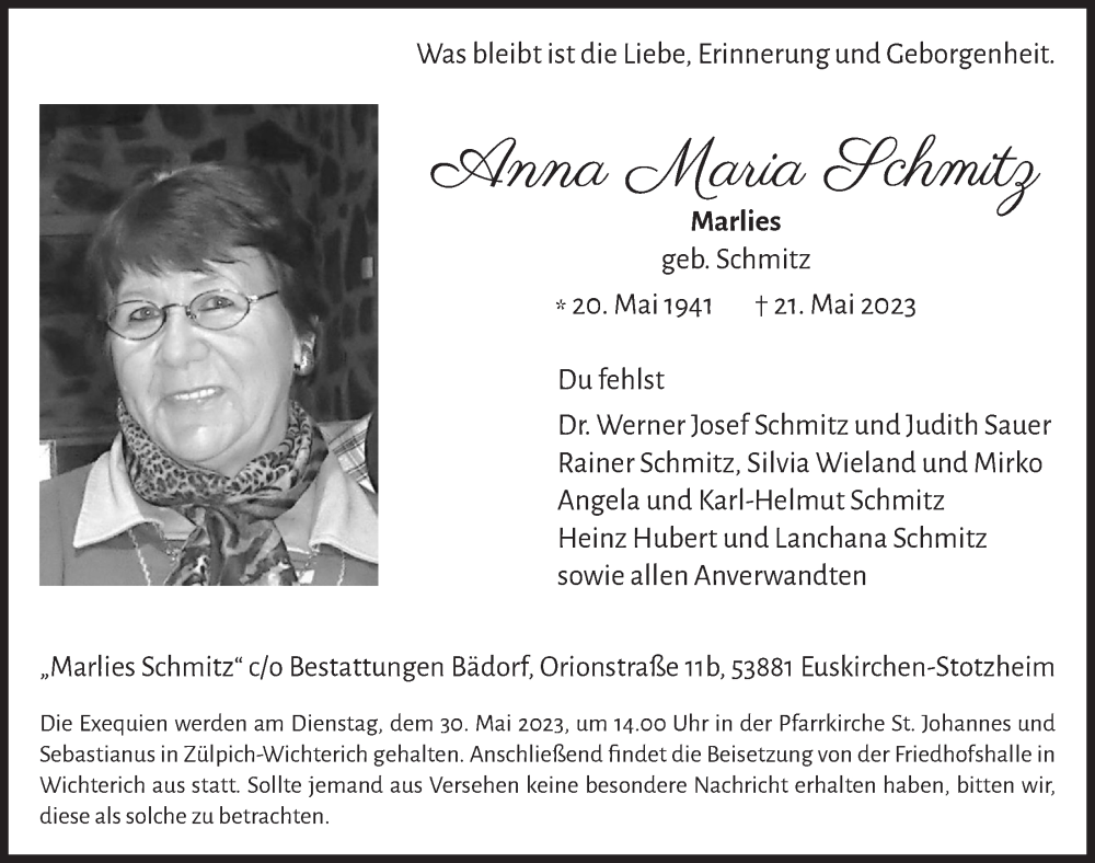  Traueranzeige für Anna Maria Schmitz vom 27.05.2023 aus  Blickpunkt Euskirchen 