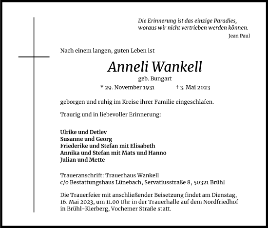 Anzeige von Anneli Wankell von Kölner Stadt-Anzeiger / Kölnische Rundschau / Express