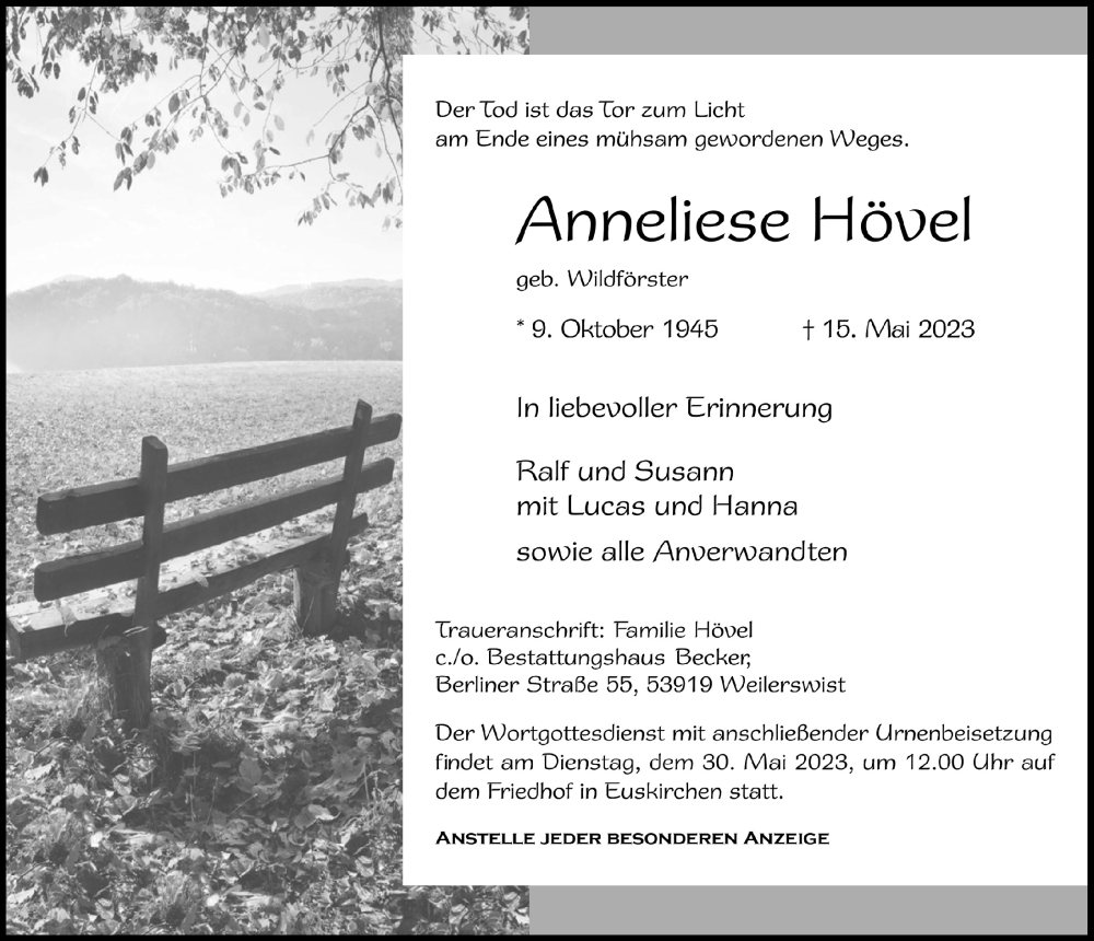  Traueranzeige für Anneliese Hövel vom 20.05.2023 aus  Blickpunkt Euskirchen 