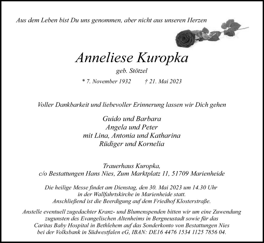  Traueranzeige für Anneliese Kuropka vom 26.05.2023 aus Kölner Stadt-Anzeiger / Kölnische Rundschau / Express