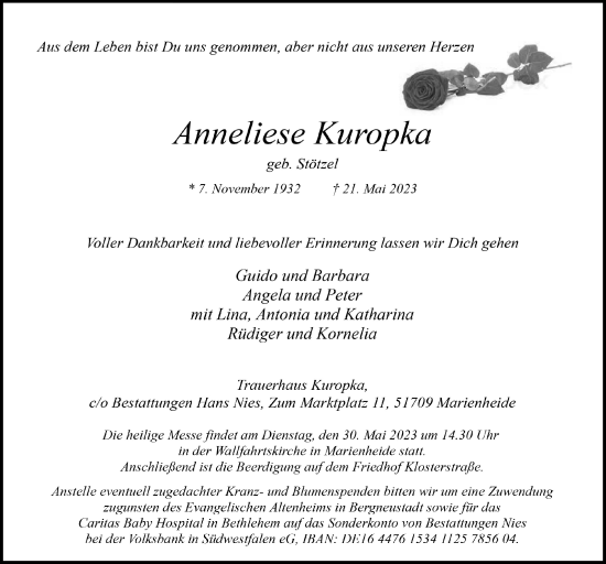 Anzeige von Anneliese Kuropka von  Anzeigen Echo 