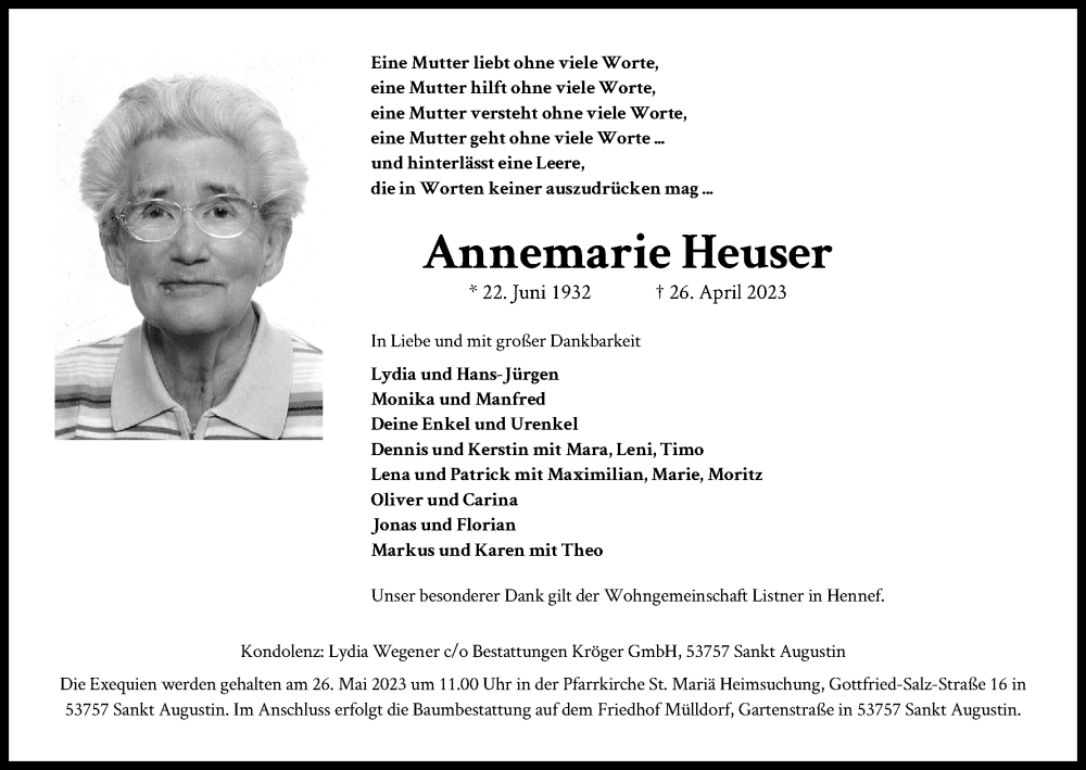  Traueranzeige für Annemarie Heuser vom 20.05.2023 aus Kölner Stadt-Anzeiger / Kölnische Rundschau / Express