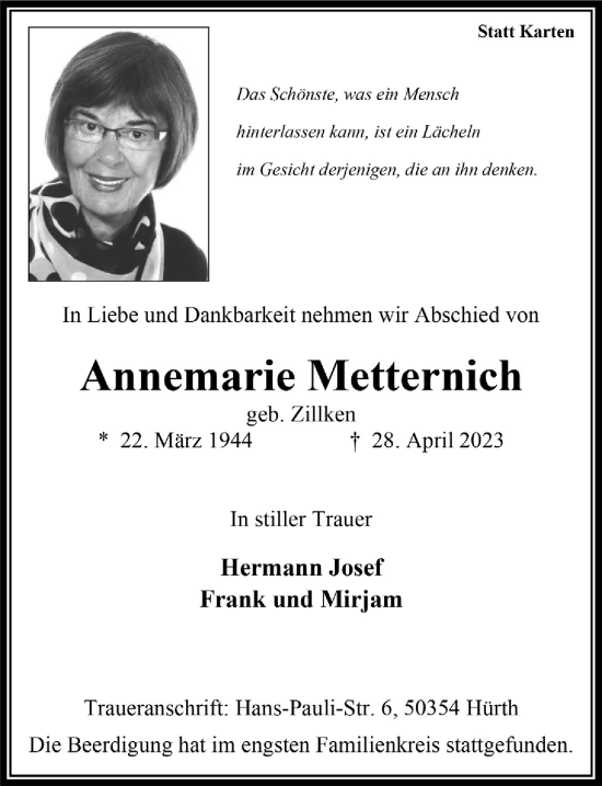 Anzeige von Annemarie Metternich von  Wochenende 