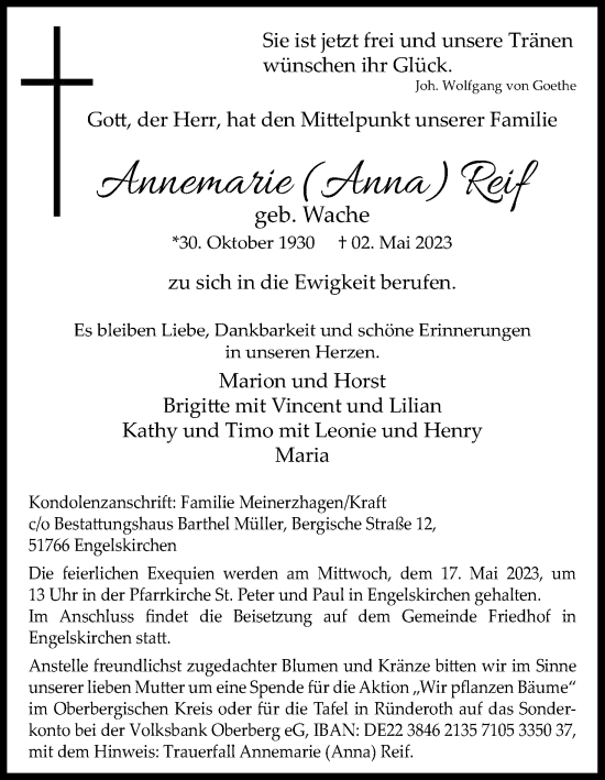 Anzeige von Annemarie Reif von Kölner Stadt-Anzeiger / Kölnische Rundschau / Express