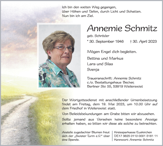 Anzeige von Annemie Schmitz von  Blickpunkt Euskirchen 