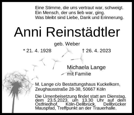 Anzeige von Anni Reinstädtler von Kölner Stadt-Anzeiger / Kölnische Rundschau / Express