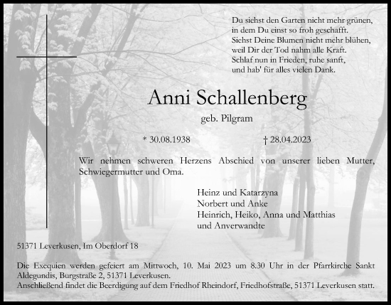 Anzeige von Anni Schallenberg von Kölner Stadt-Anzeiger / Kölnische Rundschau / Express