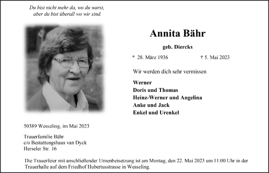 Anzeige von Annita Bähr von  Schlossbote/Werbekurier 