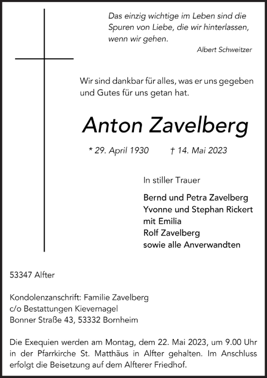 Anzeige von Anton Zavelberg von  Schaufenster/Blickpunkt 