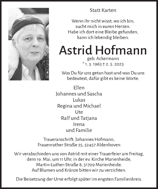 Anzeige von Astrid Hofmann von  Anzeigen Echo 