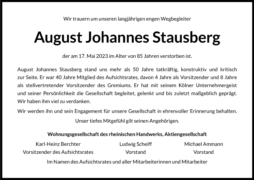  Traueranzeige für August Johannes Stausberg vom 24.05.2023 aus Kölner Stadt-Anzeiger / Kölnische Rundschau / Express