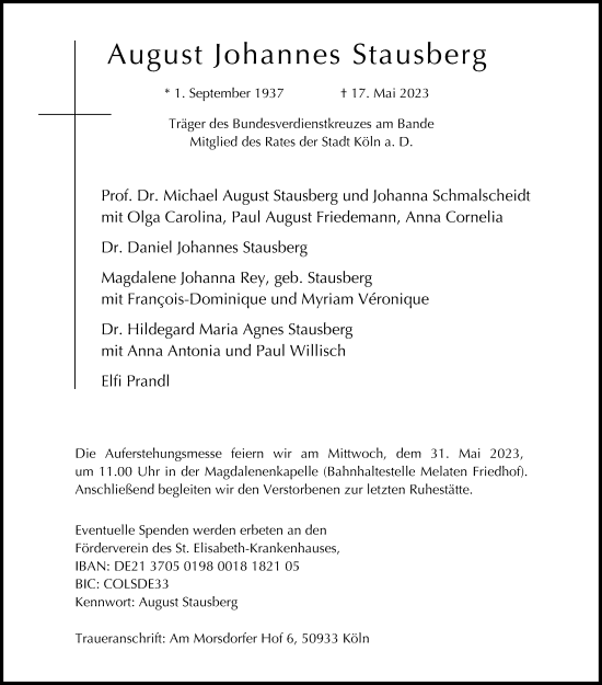 Anzeige von August Johannes Stausberg von Kölner Stadt-Anzeiger / Kölnische Rundschau / Express