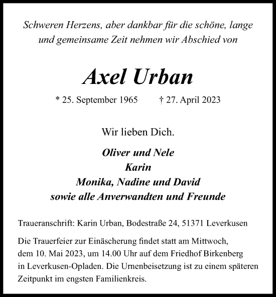 Anzeige von Axel Urban von Kölner Stadt-Anzeiger / Kölnische Rundschau / Express