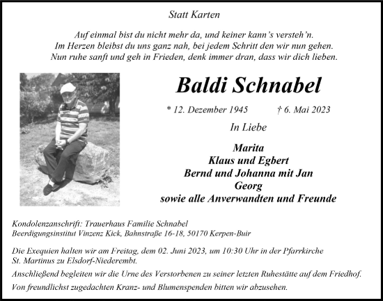 Anzeige von Baldi Schnabel von  Werbepost 