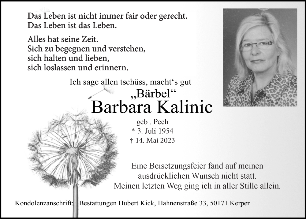  Traueranzeige für Barbara Kalinic vom 26.05.2023 aus  Wochenende 