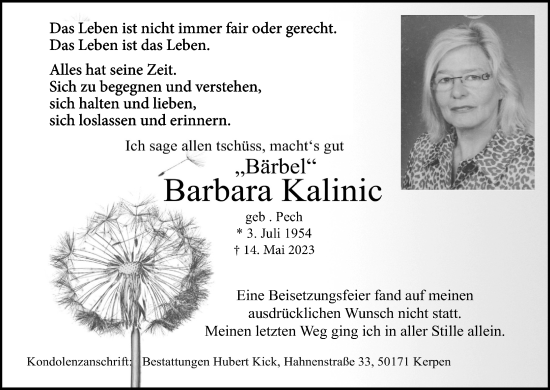 Anzeige von Barbara Kalinic von Kölner Stadt-Anzeiger / Kölnische Rundschau / Express