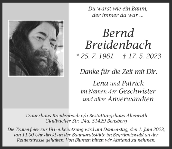 Anzeige von Bernd Breidenbach von  Bergisches Handelsblatt 