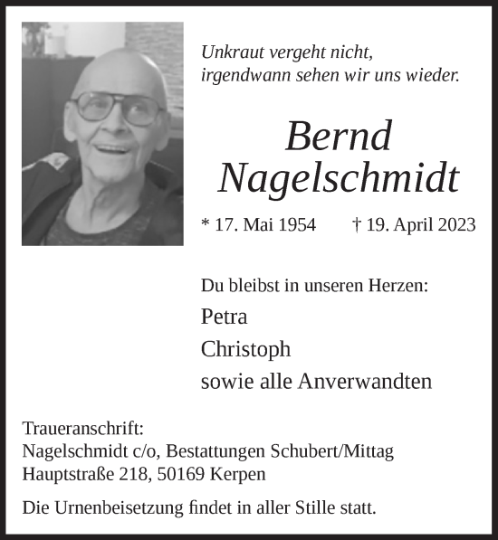 Anzeige von Bernd Nagelschmidt von  Werbepost 